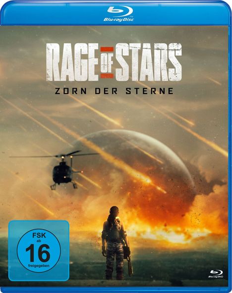 "RAGE OF STARS: ZORN DER STERNE" und "FSK ab 16 freigegeben." Eine Person schaut auf Explosion und Helikopter am Himmel.