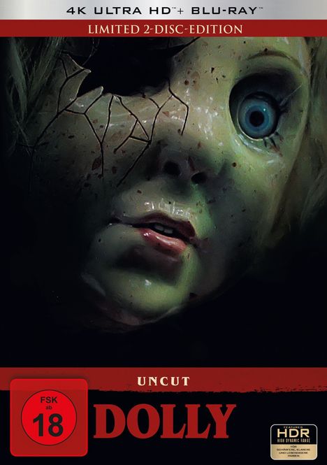 4K ULTRA HD + BLU-RAY, LIMITED 2-DISC-EDITION, UNCUT, FSK ab 18, DOLLY. Ein unheimliches Puppengesicht mit gebrochenem Auge.
