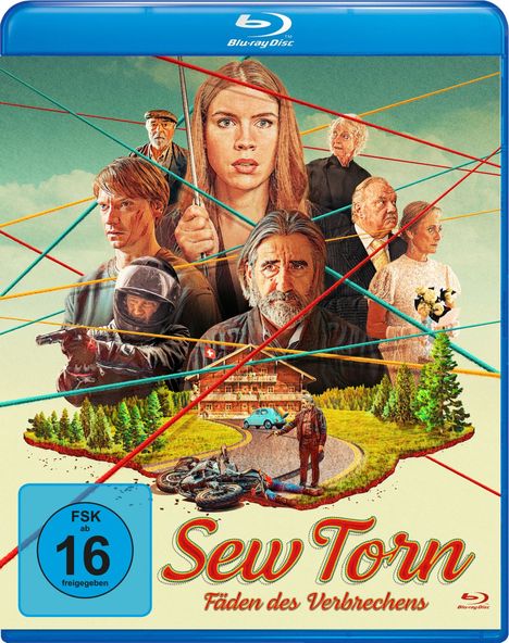 "Sew Torn: Fäden des Verbrechens", FSK ab 16. Illustration: Personen verwoben mit bunten Fäden, Motorrad, Haus, Landschaft.