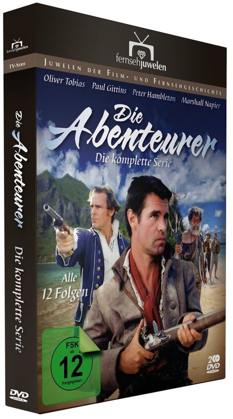 DVD-Hülle: "Die Abenteurer - Die komplette Serie", "Alle 12 Folgen", FSK 12. Männer mit Gewehren, Inselhintergrund.