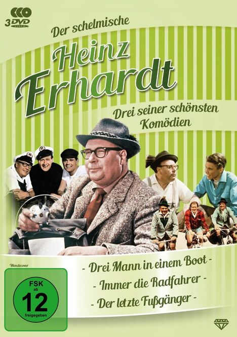 Grüner Hintergrund mit "Der schelmische Heinz Erhardt". Drei Filmaufnahmen und Altersfreigabe ab 12 Jahren.