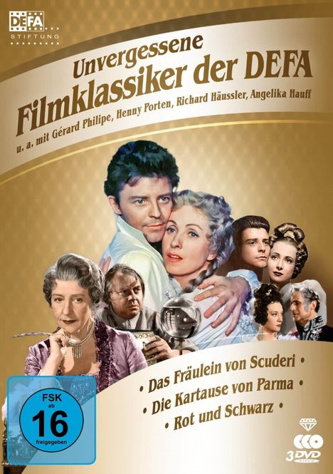 "Unvergessene Filmklassiker der DEFA" oben, darunter "Das Fräulein von Scuderi", "Die Kartause von Parma", "Rot und Schwarz". Verschiedene Personen in historischer Kleidung. FSK 16 Symbol unten links.