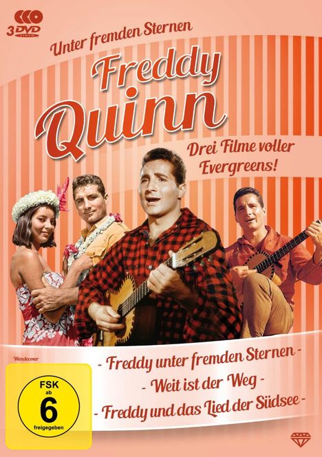 Text: "Freddy Quinn, Drei Filme voller Evergreens! FSK ab 6 freigegeben." Eine Gruppe von Menschen mit Gitarren.
