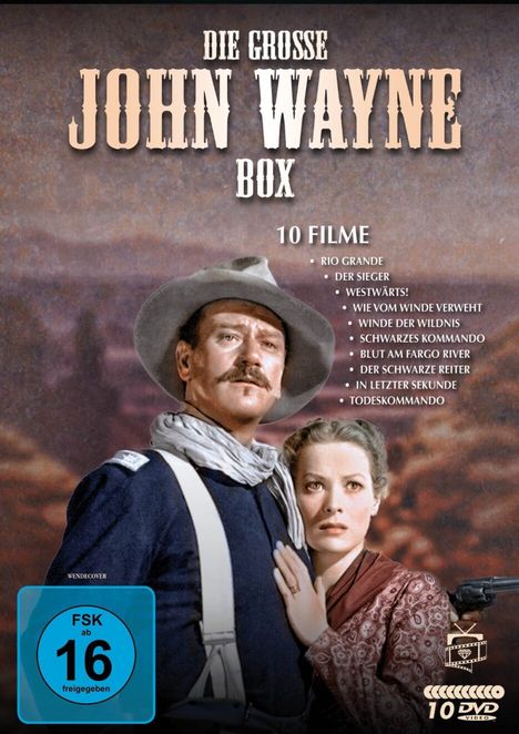 "Die große John Wayne Box" mit 10 Filmen, darunter "Rio Grande" und "Der Sieger". Mann und Frau im Westernstil abgebildet.