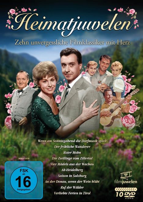 "Heimatjuwelen. Zehn unvergessliche Filmklassiker mit Herz." Fotos nostalgischer Filmszenen vor Berglandschaft mit Blumen.