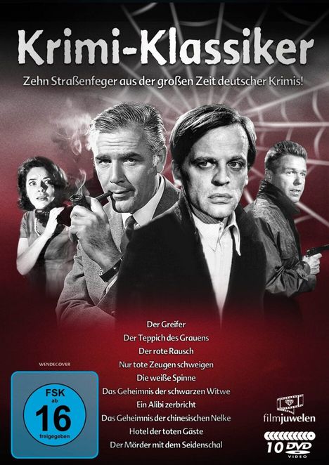 "Krimi-Klassiker", "Zehn Straßenfeger aus der großen Zeit deutscher Krimis!", FSK 16. Schwarz-Weiß-Portraits von vier Personen.