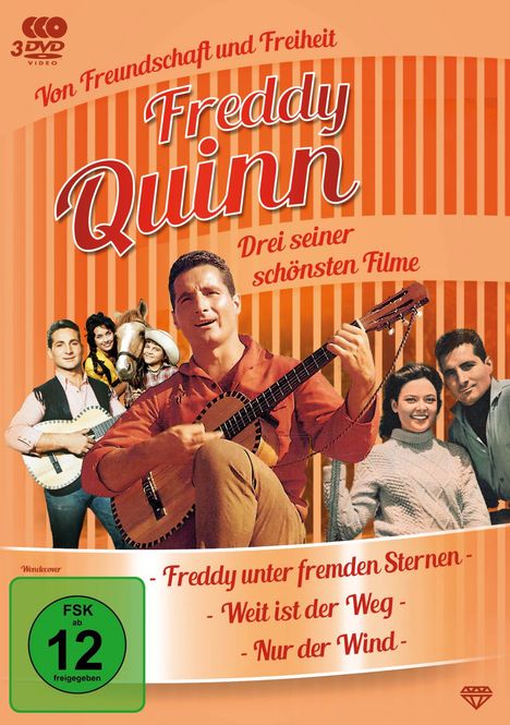 "Freddy Quinn: Drei seiner schönsten Filme" auf orange gestreiftem Hintergrund, zeigt Freddy mit Gitarre und Filmszenen.