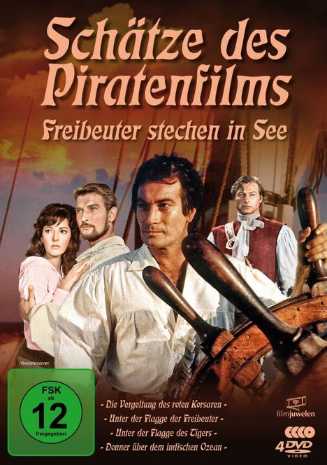 "Schätze des Piratenfilms: Freibeuter stechen in See". Altersfreigabe FSK 12. Seemotive mit mehreren Personen, Kapitän am Steuerrad.