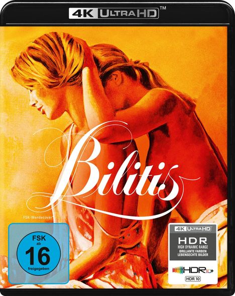 „Bilitis“, FSK ab 16. Illustration von zwei Frauen in warmen, orange-goldenen Tönen. 4K Ultra HD, HDR-Logo.