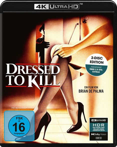 "Dressed to Kill", 4K Ultra HD, 2-Disc Edition, über 2,5 Std. Extras, FSK 16. Eine Illustration: Beine in High Heels, Mann im Schatten.