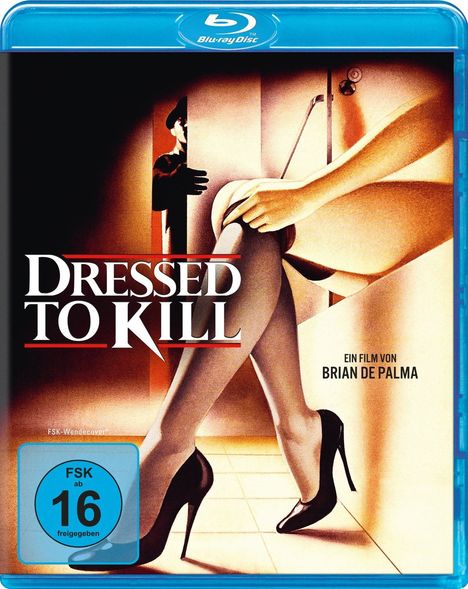 "Dressed to Kill", ein Film von Brian De Palma.  FSK ab 16 freigegeben. Illustration mit Frau in High Heels und Mann an Tür.