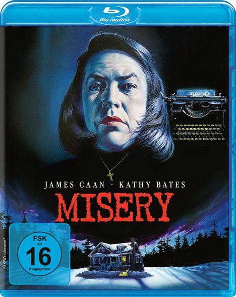„James Caan, Kathy Bates, MISERY“. Illustration einer Frau mit Schreibmaschine, Kreuzhalskette und Haus im Schnee.