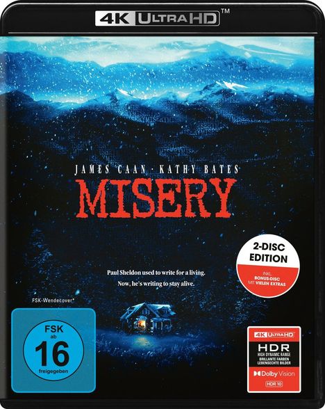 "4K ULTRA HD", "MISERY", "Paul Sheldon used to write for a living. Now, he's writing to stay alive." Winterlandschaft mit Haus.