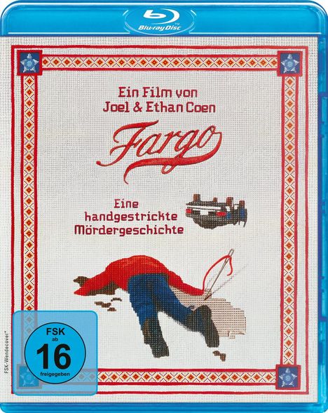 „Ein Film von Joel & Ethan Coen“, „Fargo“, „Eine handgestrickte Mördergeschichte“, Illustration einer Szene.