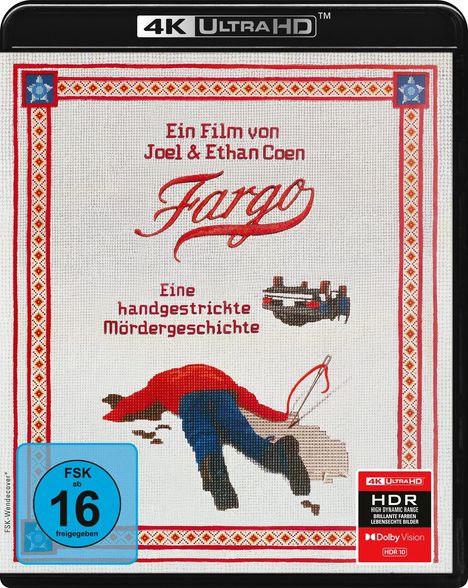 4K Ultra HD. Ein Film von Joel & Ethan Coen. Fargo. Eine handgestrickte Mördergeschichte. Illustration: Person im Schnee.