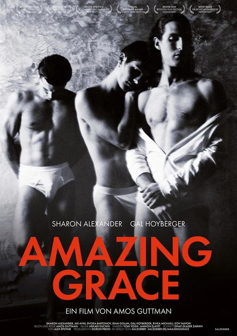 "Amazing Grace" in Rot. Oben Filmpreise. Drei Männer posieren in Unterwäsche. Darunter Schauspielernamen.