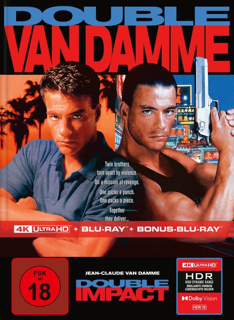 "Double Van Damme. Twin brothers torn apart by violence. FSK ab 18. HDR brillante Farben. Zwei Männer, einer hält eine Waffe."