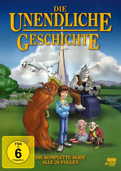 „Die Unendliche Geschichte“ in gelber Schrift, Zeichentrickfiguren, darunter ein Junge, ein Baum und ein fliegendes Wesen.