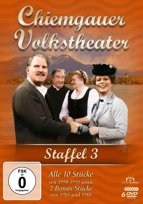 "Chiemgauer Volkstheater", "Staffel 3", "Alle 10 Stücke...", vier lachende Personen im Alpenhintergrund.