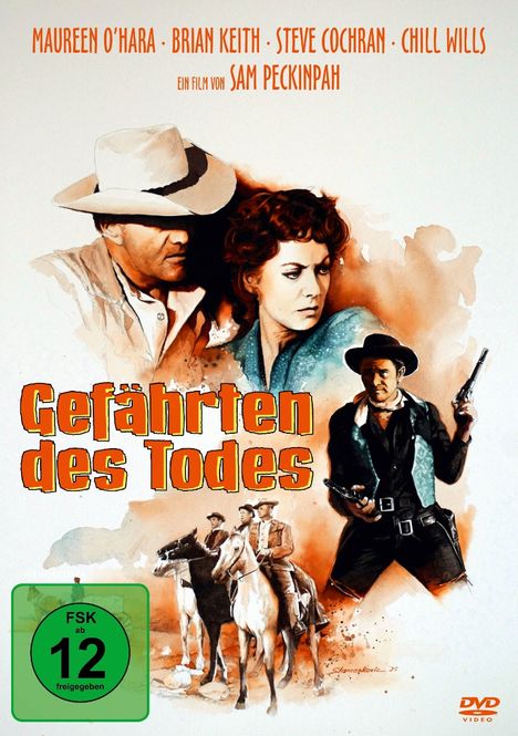 "Gefährten des Todes" oben Schauspielernamen, darunter FSK 12 Logo. Illustration von Cowboys und einer Frau in Westernkleidung.