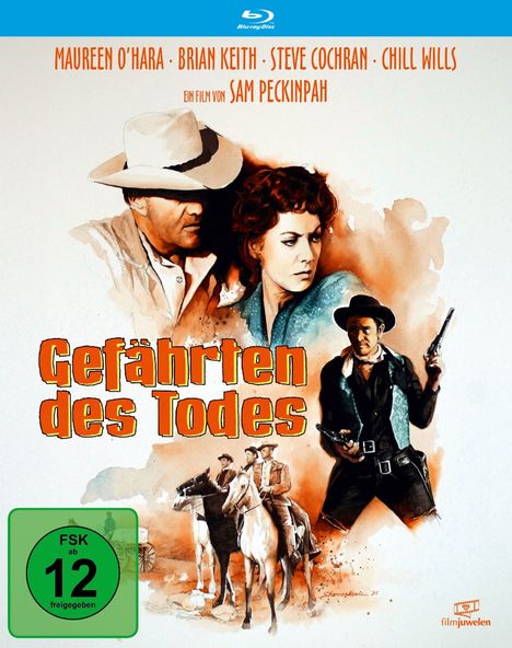 Text: "Gefährten des Todes", "FSK ab 12", "Ein Film von Sam Peckinpah". 
Illustration: Western-Thema mit Personen und Pferden.