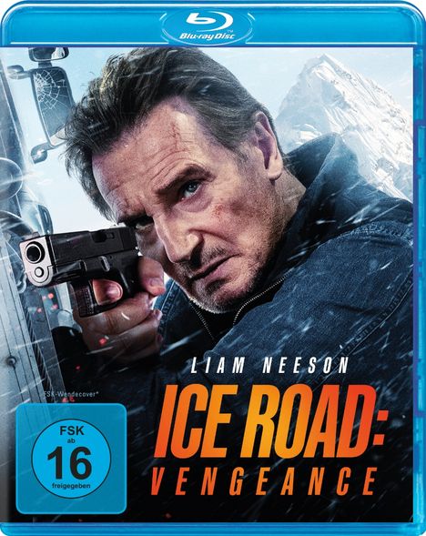 Text: "Liam Neeson", "Ice Road: Vengeance", "FSK ab 16". Ein Mann zielt mit einer Pistole, im Hintergrund ein verschneiter Berg.