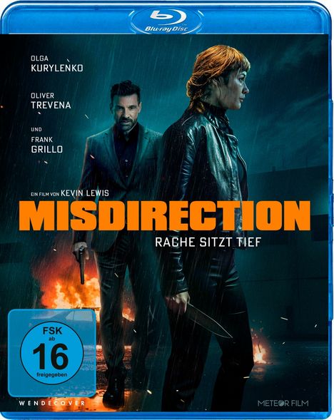Text: "Olga Kurylenko, Oliver Trevena und Frank Grillo. Misdirection. Rache sitzt tief." Dunkle Szene, brennendes Auto, Waffen.