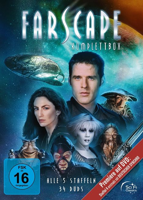 Text: "Farscape Komplettbox. Alle 5 Staffeln, 34 DVDs. Premiere auf DVD: Staffel 4 erstmals mit DEUTSCHER SYNCHRO."
Beschreibung: Science-Fiction-Illustration mit Raumschiff und Charakteren vor einem Weltraumhintergrund.