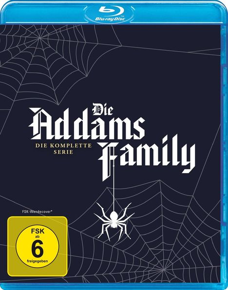 "Die Addams Family: Die komplette Serie." Spinnennetze und eine Spinne umgeben den Text. FSK-6-Freigabe.