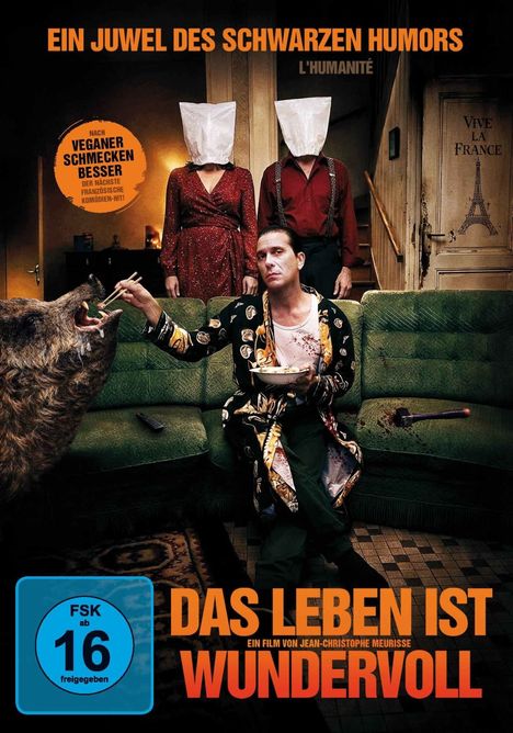 Ein Filmplakat mit Texten: "Ein Juwel des schwarzen Humors", "Das Leben ist wundervoll". Eine skurrile Szene mit Menschen und Wildschwein.