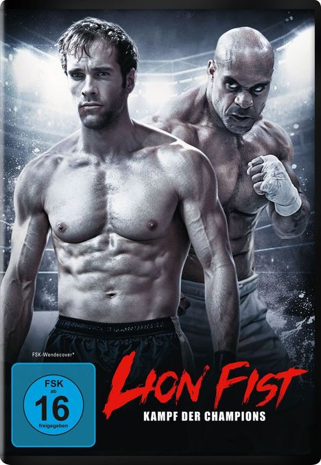 Text: "Lion Fist: Kampf der Champions". Zwei muskulöse Männer im Boxring, einer mit Handschuhen, wirken kampfbereit.