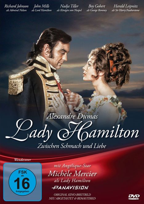 Text: "Richard Johnson als Admiral Nelson, John Mills als Lord Hamilton, Nadja Tiller als Königin von Neapel..." Zwei Personen in historischer Kleidung stehen einander nahe.