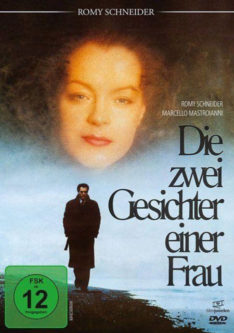 "Die zwei Gesichter einer Frau" steht in dunkler Schrift. Oben ein großes Frauenporträt und unten ein Mann auf nebliger Straße.