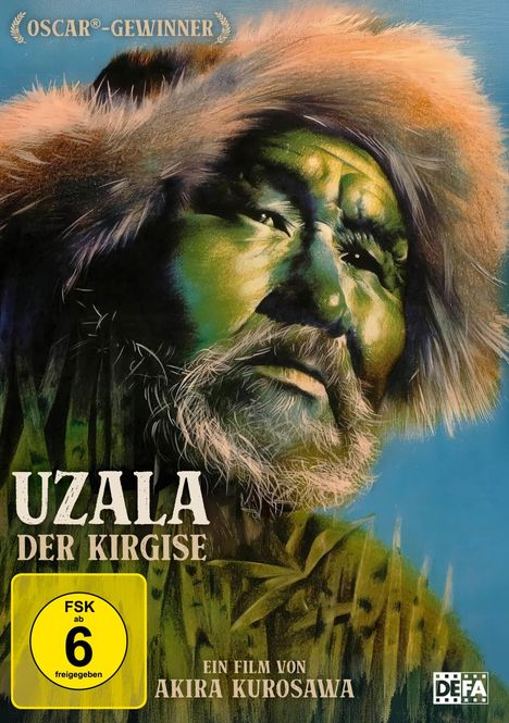 OSCAR-GEWINNER, UZALA DER KIRGISE, FSK ab 6 freigegeben, ein Film von Akira Kurosawa. Illustration eines Mannes in Fellkleidung.