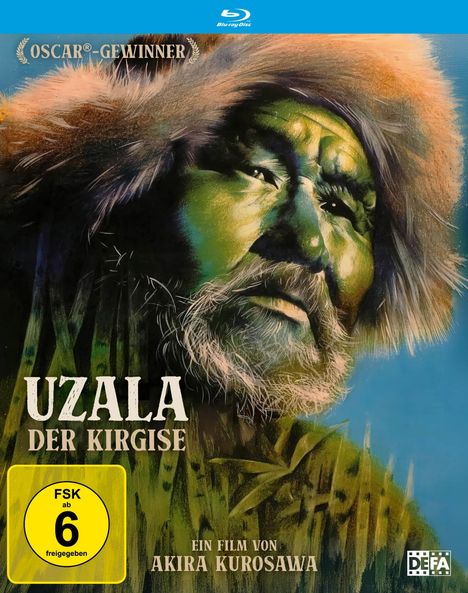 „Oscar®-Gewinner“, „UZALA DER KIRGISE“, „FSK ab 6 freigegeben“, „Ein Film von Akira Kurosawa“. Gesicht eines Mannes mit Fellkapuze.