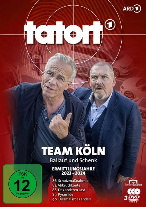 „Tatort“, „ARD“, „TEAM KÖLN“, Episodenliste, rote Kriminalsymbolik; zwei ältere Männer, nah beieinander.