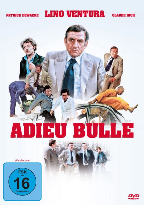 „ADIEU BULLE“ in roter Schrift. Oben Namen der Schauspieler. Szenen mit Männern in Anzügen und Action. FSK 16-Symbol.