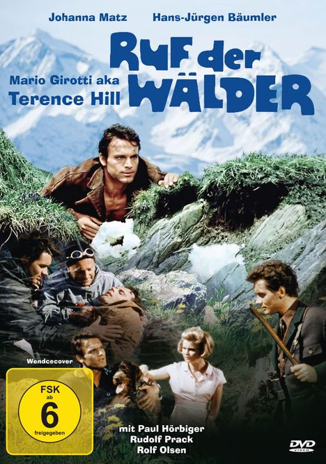 Titel: "Ruf der Wälder". Namen: Johanna Matz, Hans-Jürgen Bäumler, Mario Girotti aka Terence Hill. Berge im Hintergrund.