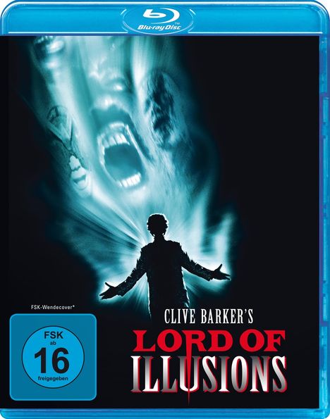 "Clive Barker's LORD OF ILLUSIONS", FSK 16. Ein Mann vor leuchtendem Hintergrund, dahinter schreiende Gesichter.