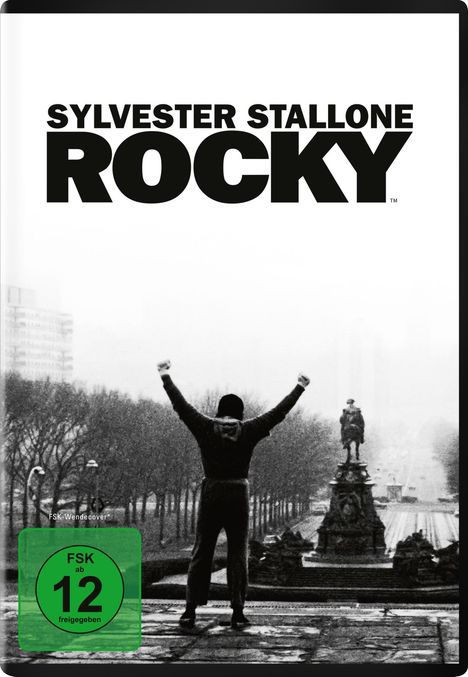 Oben steht "SYLVESTER STALLONE ROCKY". Darunter hebt eine Person in Trainingsanzug triumphierend die Arme.