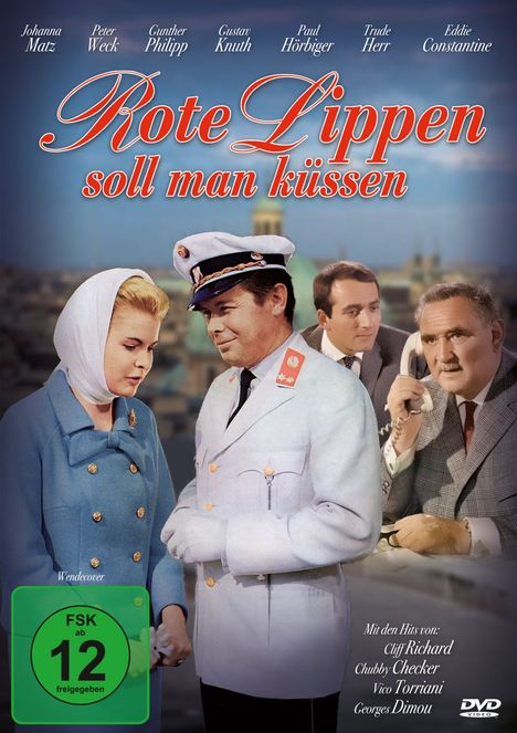 „Rote Lippen soll man küssen“ in roter Schrift. Oben Schauspielernamen, unten Musikcredits. Drei Männer und eine Frau in den 60ern.