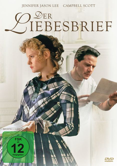 Text: "Der Liebesbrief", "FSK ab 12 freigegeben". Ein Mann liest einen Brief, eine Frau in historischer Kleidung steht daneben.