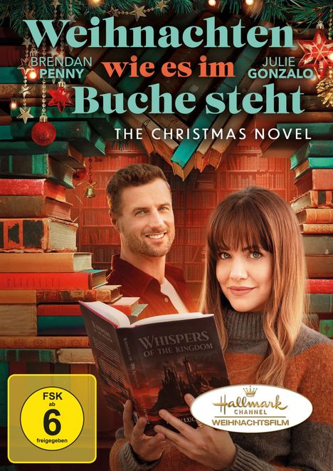 Weihnachten wie es im Buche steht. Zwei Personen lächeln, umgeben von Büchern. FSK 6, Logo: Hallmark Channel.