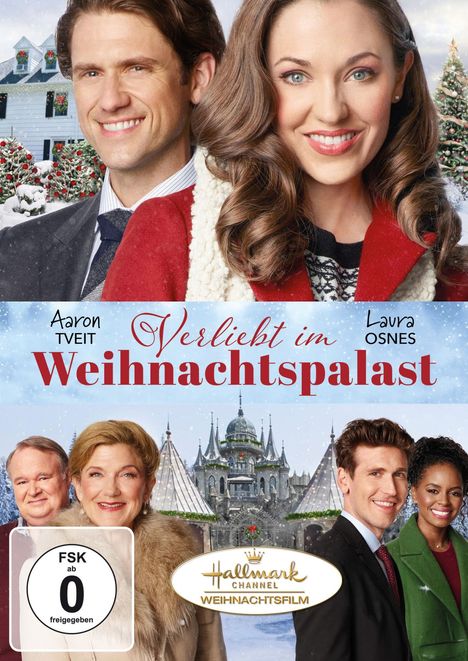 „Verliebt im Weihnachtspalast“ mit Aaron Tveit und Laura Osnes. Ein winterliches Setting mit einem Schloss im Hintergrund.