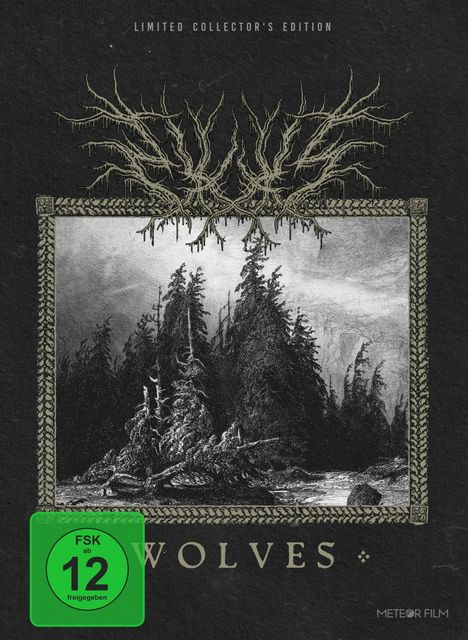 LIMITED COLLECTOR'S EDITION, FSK ab 12 freigegeben, WOLVES. Illustration: verschneiter Wald mit Fluss und Ästen.
