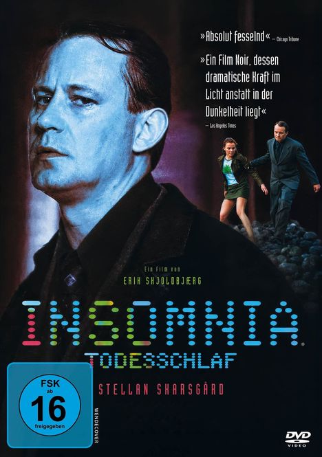 „Absolut fesselnd“ – Chicago Tribune. Titel „INSOMNIA – TODESSCHLAF“. Nahaufnahme eines Mannes und ein laufendes Paar.