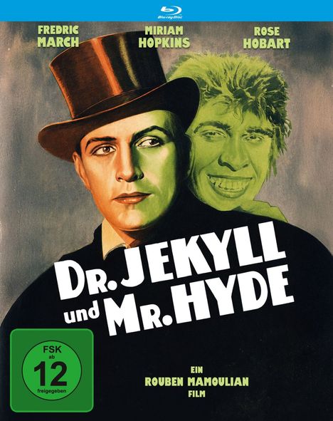 "Dr. Jekyll und Mr. Hyde" steht groß in weißer Schrift. Ein Mann im Zylinder, daneben ein grünes grinsendes Gesicht.