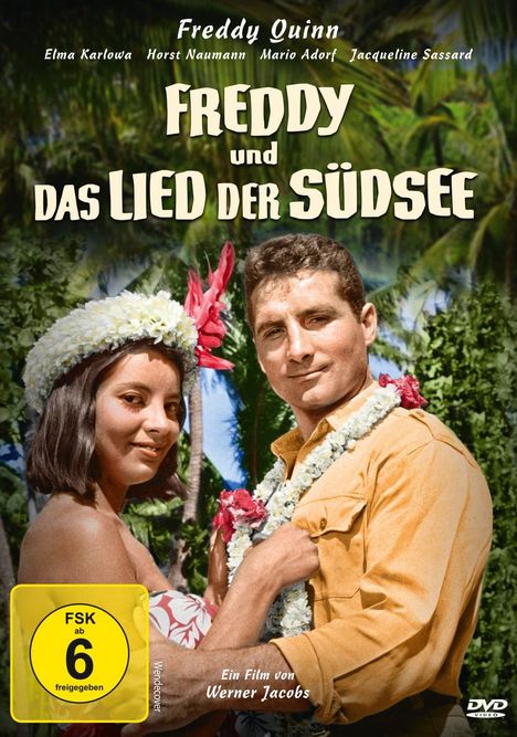 "Freddy und das Lied der Südsee" steht groß. Zwei Menschen in Südsee-Kleidung, Blumenhintergrund. FSK 6, DVD-Hinweis.