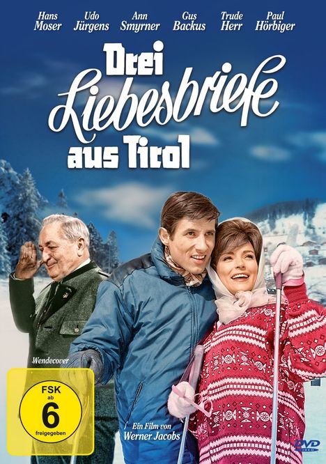 „Drei Liebesbriefe aus Tirol“ steht oben; Ski-Paar vorne, älterer Mann links; Alpenlandschaft im Hintergrund.