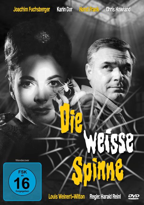 „Die weiße Spinne“, Namen von Schauspielern, Spinnennetz mit Frau und Mann. FSK-16-Freigabe.